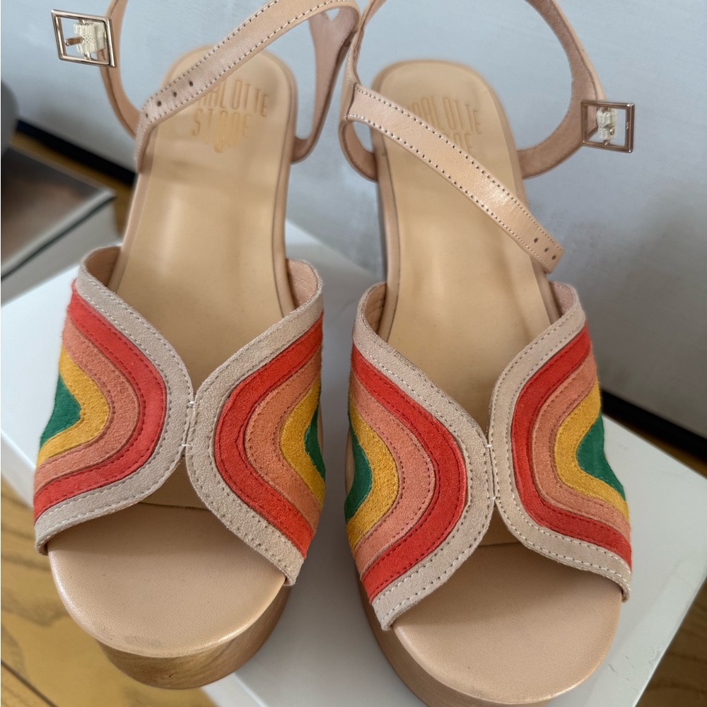 Charlotte Stone “Donna” Leather Platform Sandals with Rainbow Suede Stripes - Picture 2 of 3